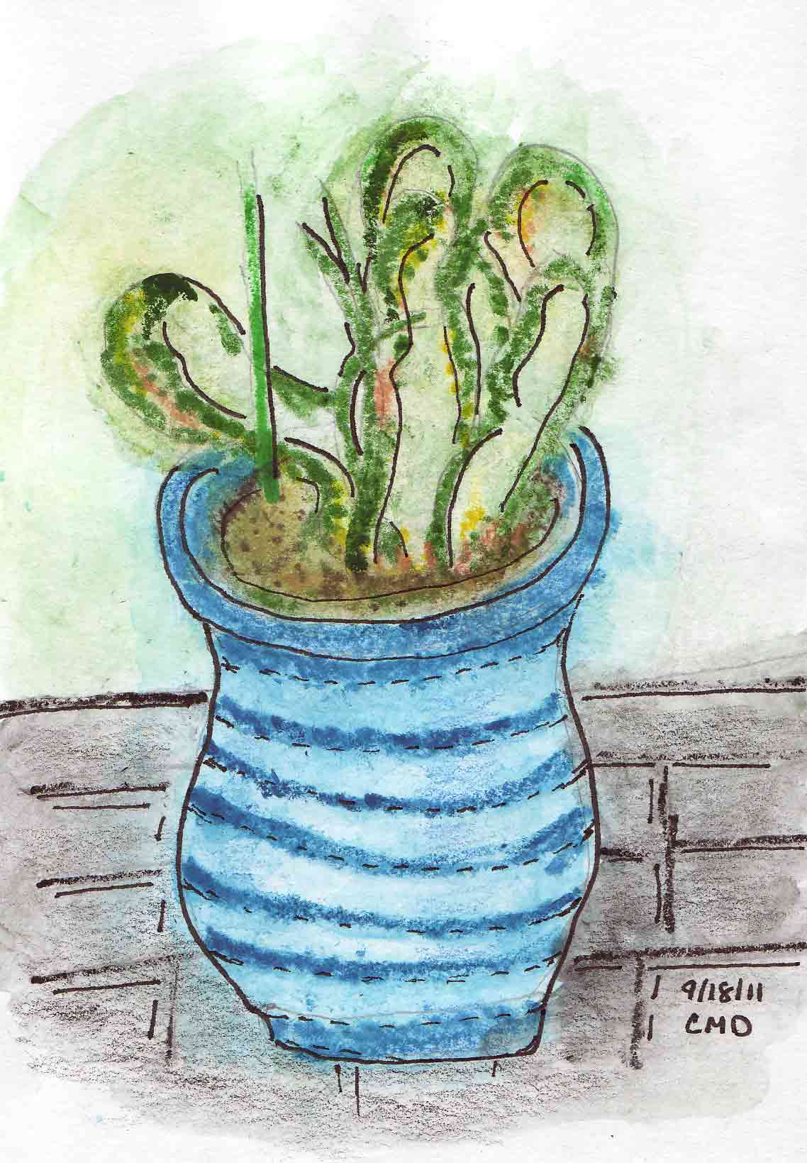 watercolor painting of a cactus in a pot