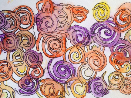 waterolor painting with orange and purple spirals